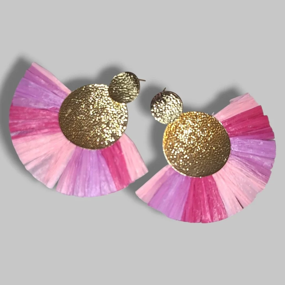 Pink Raffia Gold Tone‎ Hammered Metal Fan Tassel Statement Earrings